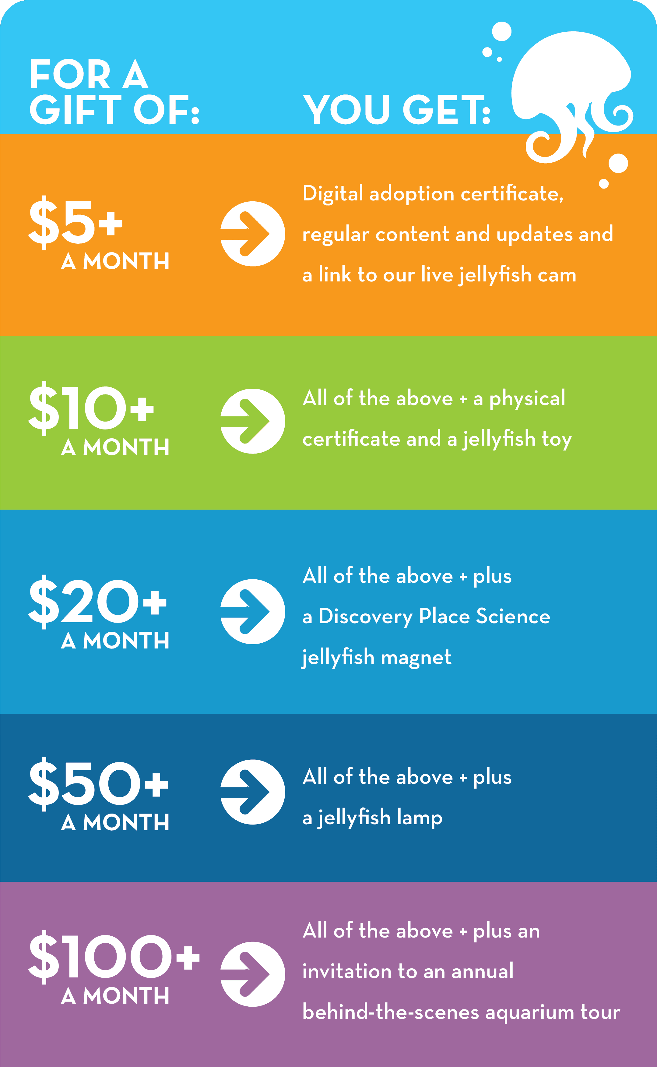 Table showing the benefits at each giving level. To receive the full text of this image, please email Kaitlyn Miller at kmiller@discoveryplace.org